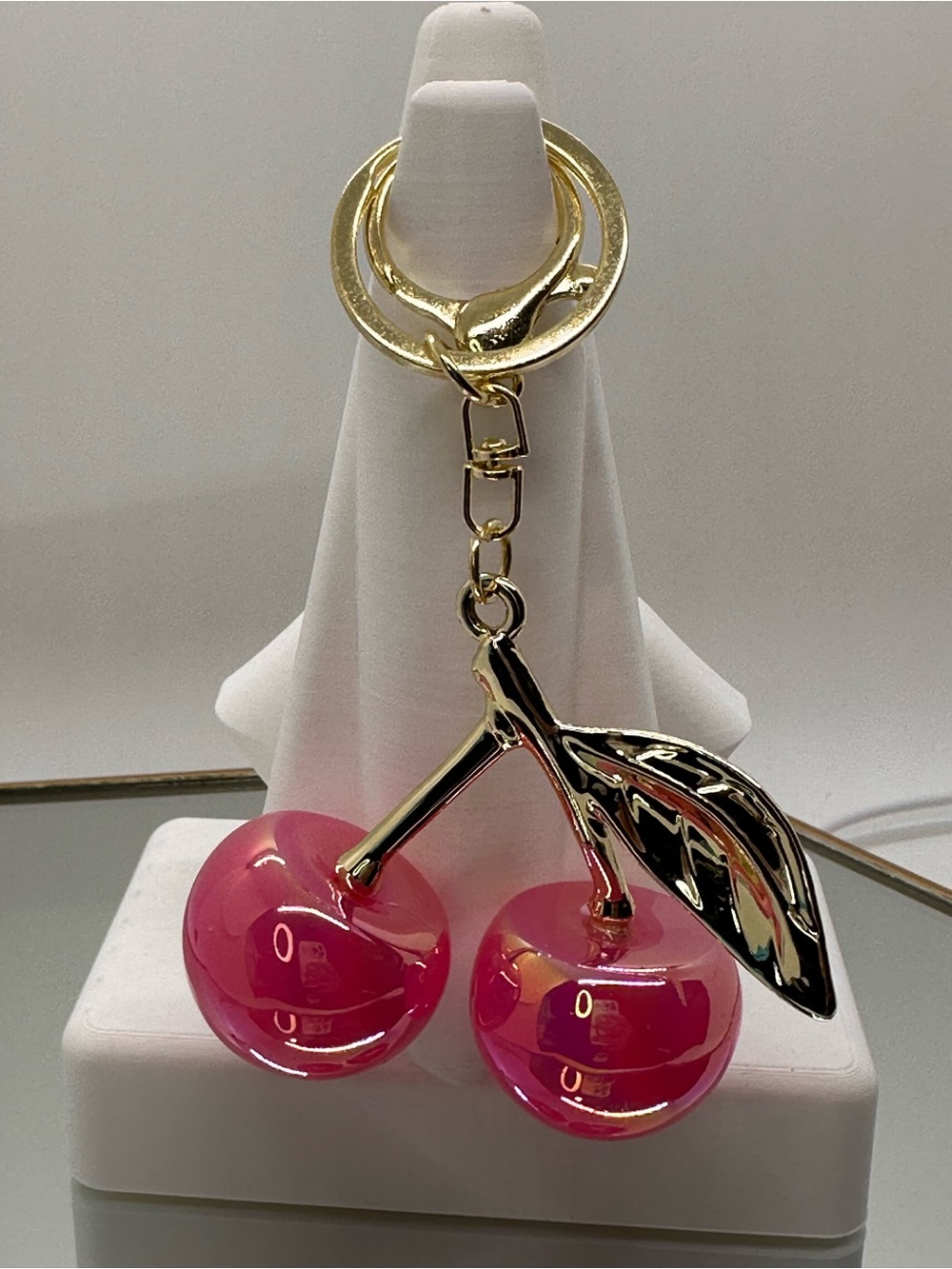 Gold-Tone Pink Cherry Keychain and Purse Charm